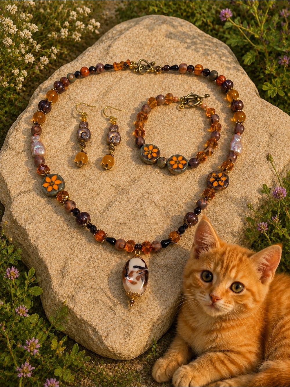 Lamp-work Art Glass, Dyed Agate, Amber Crystals, Cat & Flower Beads Jewelry Set